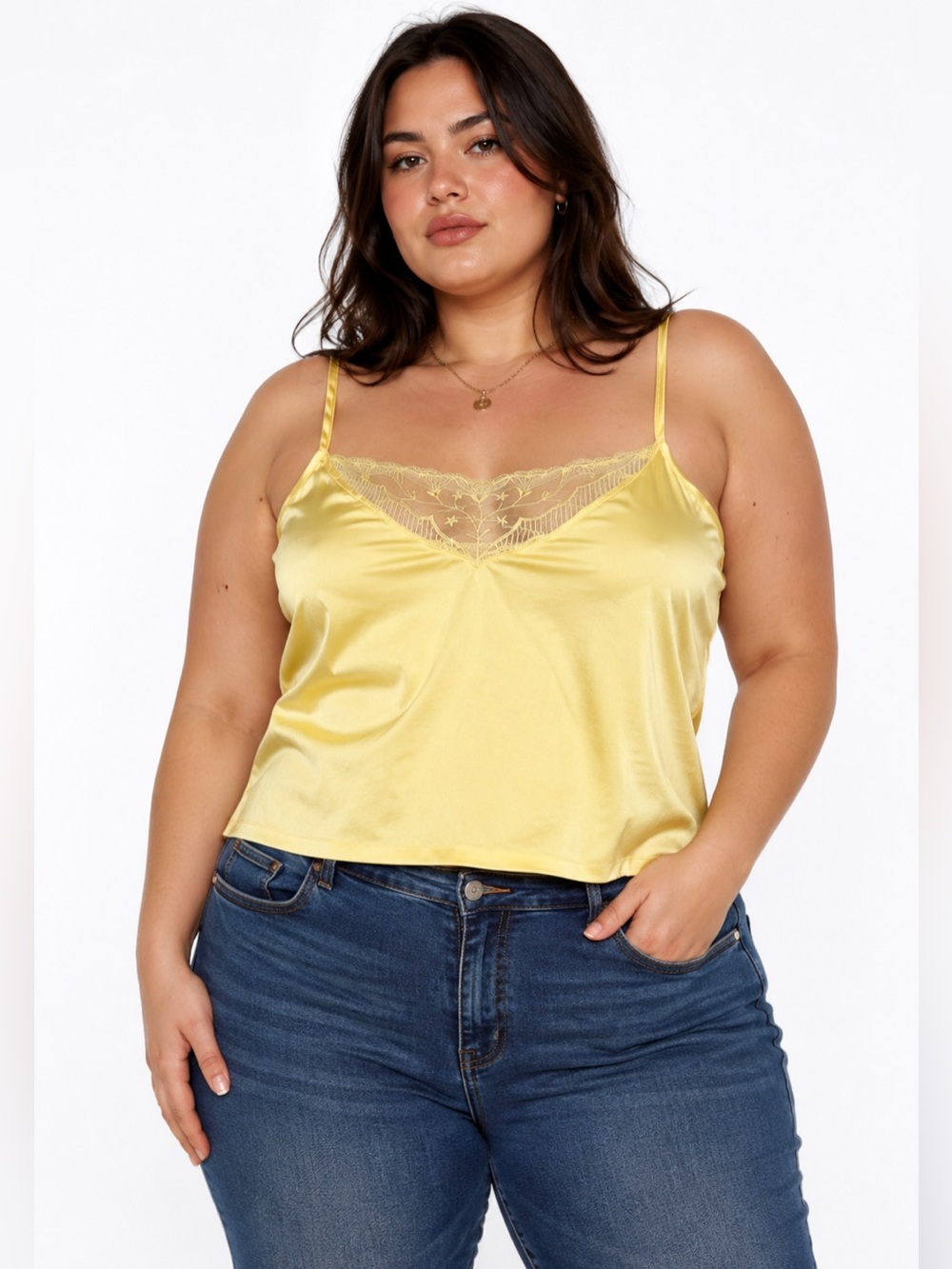70s/80s European Vintage Nina V C Lace Embroidered Panel Cami Top (Yellow) L/XL
